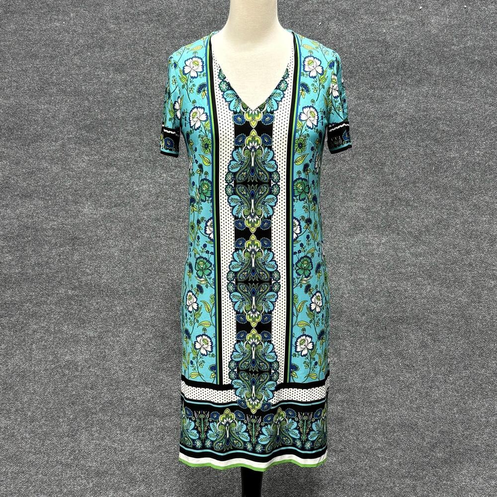 London Times Dress Womens 4 Blue Floral V Neck Short Sleeve Shift Knee Length